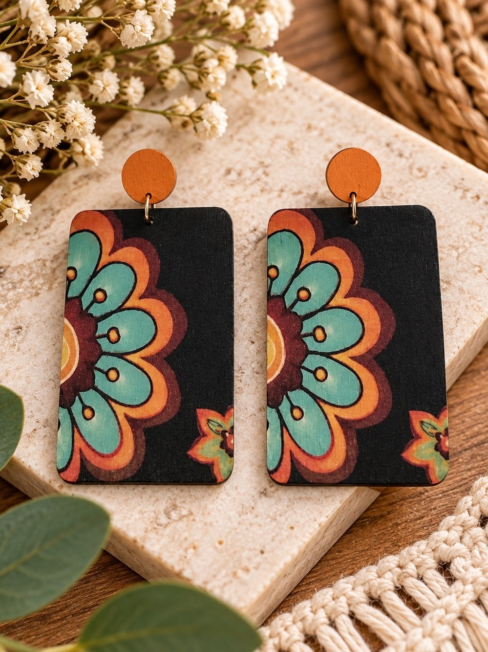 Lightweight Boho Floral Wooden Statement Earrings – Teal & Burnt Orange